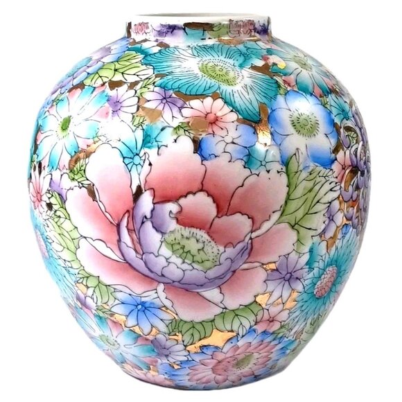 Handmade Other - Fine Chinese Porcelain Thousand Flowers Gold Leaf Large Ovoid Ginger Jar Vase 9"